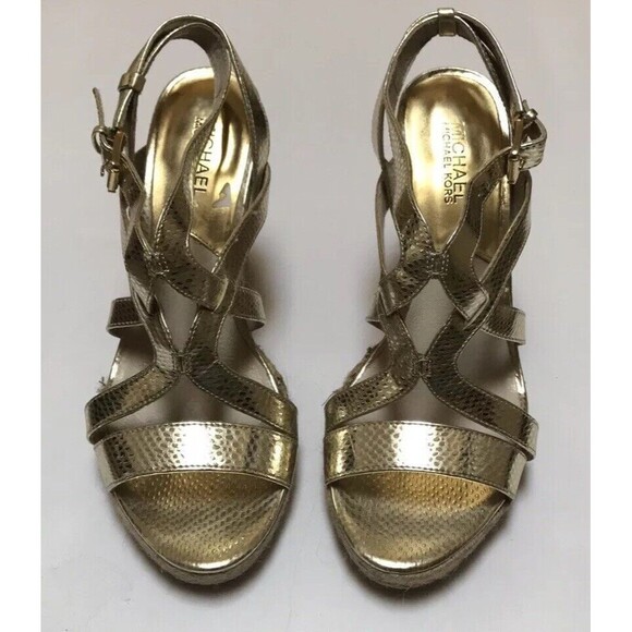Michael Kors Palm Beach Gold Leather Snake Print Metallic Espadrille Wedge 9.5 - Picture 3 of 10